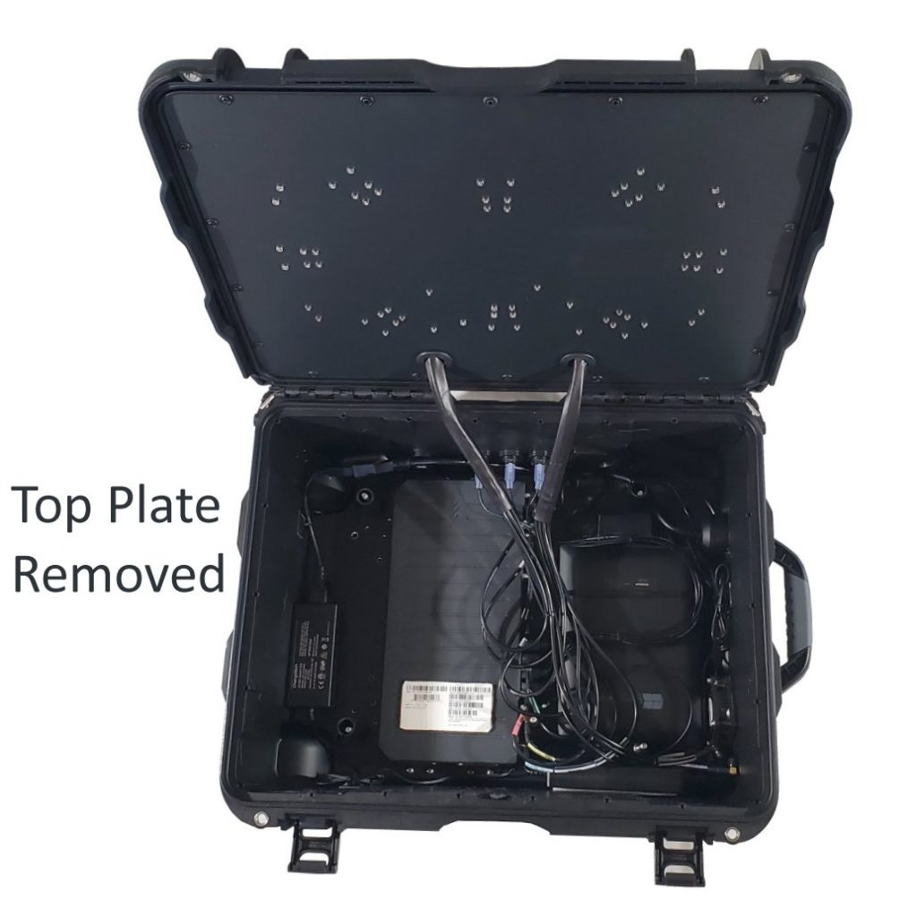 Internal components of a rugged portable WiFi hotspot with the top plate removed, showing cables, battery, and mounted cellular router.
