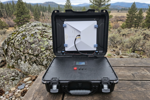 Open black rugged IP67 protective case with Starlink Mini terminal mounted in the lid, placed on a wooden surface in a scenic outdoor environment with mountains and pine trees in the background. Professional product photography of a portable Starlink system designed for field and mobile use.