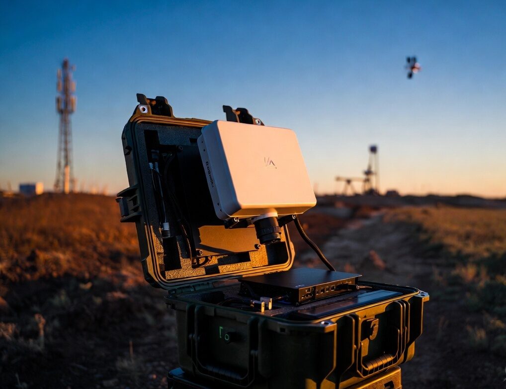 A rugged IP67 protective case opened in a remote industrial field at golden hour, with a Starlink Mini terminal mounted in the lid pointing toward the sky. Inside the case are an enterprise router, LiFePO4 battery, and power management components. Background shows an oil wellsite or remote industrial operation.